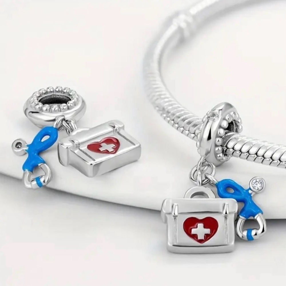 Sterling Silver Medical Charm Pendant with Red Heart and Blue Stethoscope - Picture 2 of 5